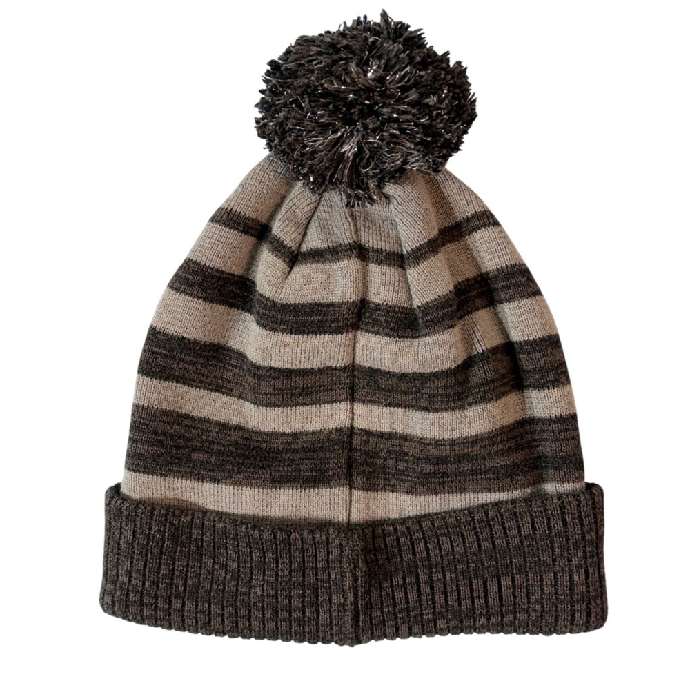 Nike Youth Beanie Gray Black Striped Pom Knit Winter Hat Swoosh Logo One Size - Picture 2 of 4